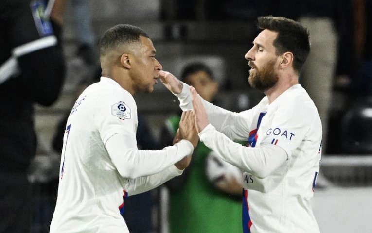 Mbappe celebrating his goal with Messi.